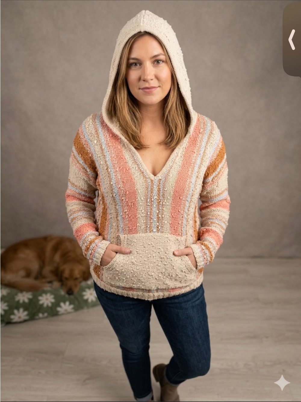 Hem & Thread Hooded Striped Knit Sweater in Coral and Cream